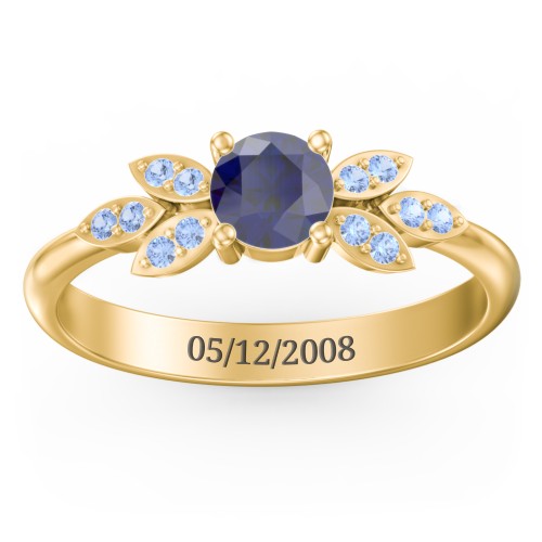 Round Birthstone Ring With Petal Accents – 18K Gold Plated Silver with Blue Sapphire and Fancy Blue Premium Zirconia