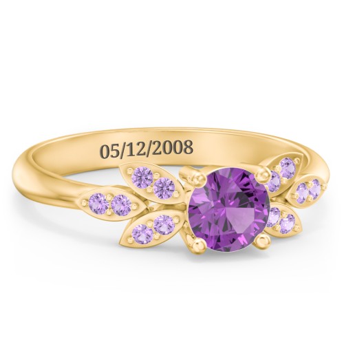 Round Birthstone Ring With Petal Accents – 18K Gold Plated Silver with Amethyst and Amethyst Premium Zirconia