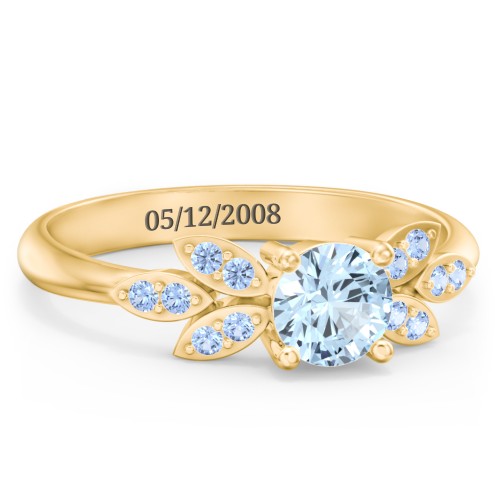 Round Birthstone Ring With Petal Accents – 18K Gold Plated Silver with Aquamarine and Fancy Blue Premium Zirconia