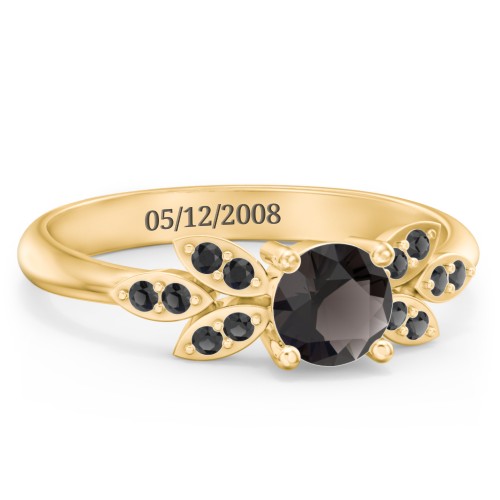 Round Birthstone Ring With Petal Accents – 18K Gold Plated Silver with Smokey Quartz and Black Premium Zirconia