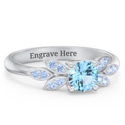 Round Birthstone Ring With Petal Accents in 925 Sterling Silver with Blue Topaz and Fancy Blue Premium Zirconia