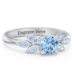 Round Birthstone Ring With Petal Accents in 925 Sterling Silver with Blue Topaz and Fancy Blue Premium Zirconia