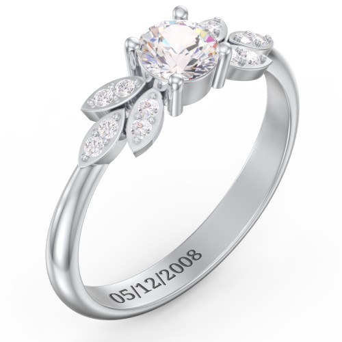 Round Birthstone Ring With Petal Accents – Sterling Silver with Cubic Zirconia and White Premium Zirconia