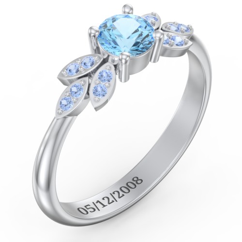 Round Birthstone Ring With Petal Accents – Sterling Silver with Blue Topaz and Fancy Blue Premium Zirconia