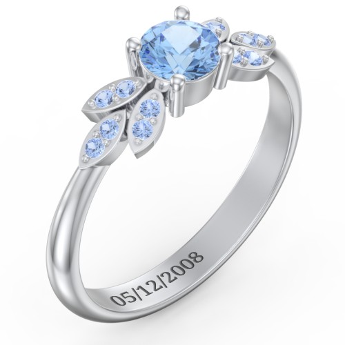 Round Birthstone Ring With Petal Accents – Sterling Silver with Blue Topaz and Fancy Blue Premium Zirconia