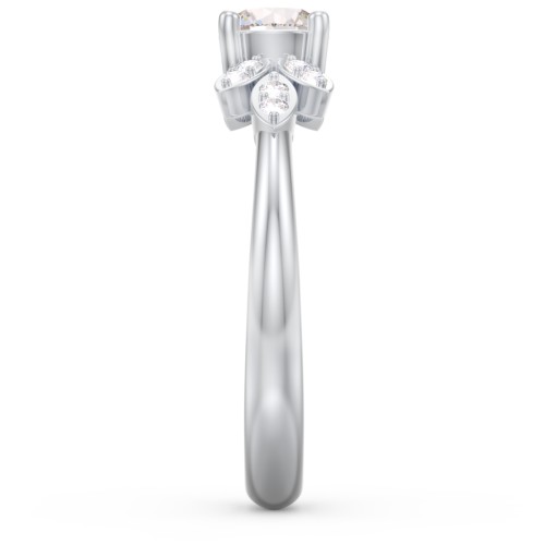 Round Birthstone Ring With Petal Accents – Sterling Silver with Cubic Zirconia and White Premium Zirconia