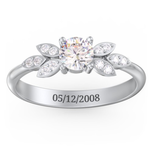 Round Birthstone Ring With Petal Accents – Sterling Silver with Cubic Zirconia and White Premium Zirconia