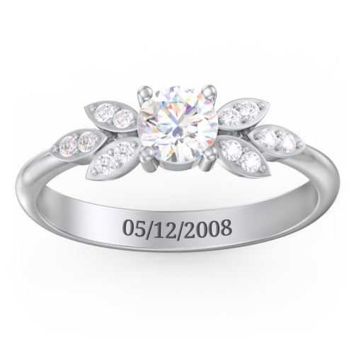 Round Birthstone Ring With Petal Accents – Sterling Silver with Diamond