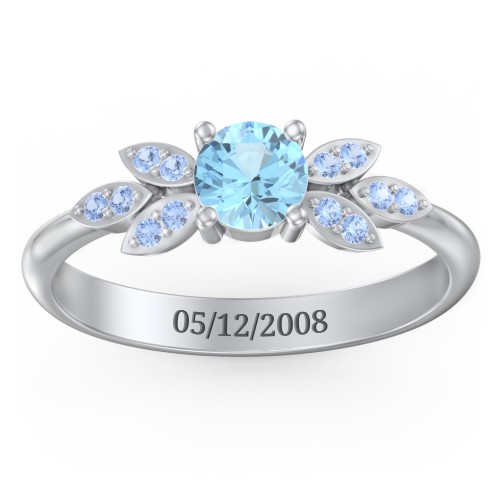 Round Birthstone Ring With Petal Accents – Sterling Silver with Blue Topaz and Fancy Blue Premium Zirconia