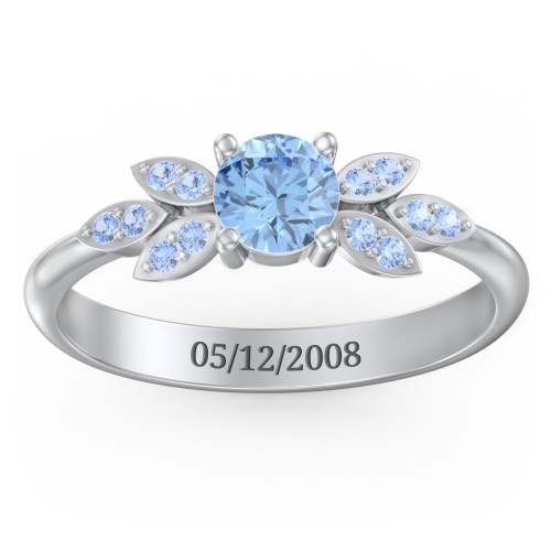 Round Birthstone Ring With Petal Accents – Sterling Silver with Blue Topaz and Fancy Blue Premium Zirconia