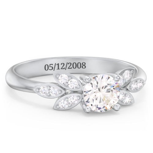 Round Birthstone Ring With Petal Accents – Sterling Silver with Cubic Zirconia and White Premium Zirconia