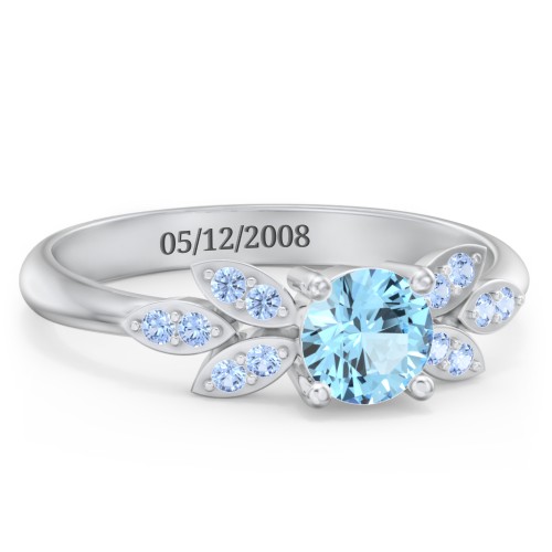 Round Birthstone Ring With Petal Accents – Sterling Silver with Blue Topaz and Fancy Blue Premium Zirconia