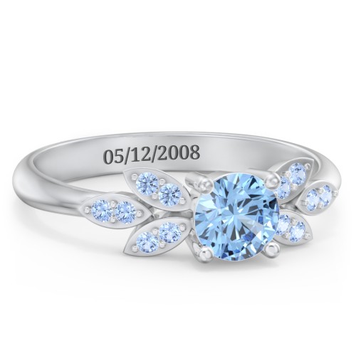 Round Birthstone Ring With Petal Accents – Sterling Silver with Blue Topaz and Fancy Blue Premium Zirconia