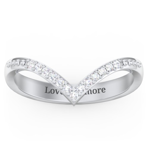 Deep-V Wedding Band With Milgrain And Accents – Sterling Silver with Diamond