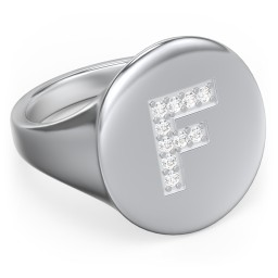 Pavé Initial Signet Ring - F in 925 Sterling Silver with White Premium Zirconia