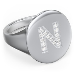 Pavé Initial Signet Ring - N in 925 Sterling Silver with White Premium Zirconia