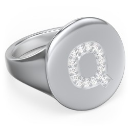 Pavé Initial Signet Ring - Q in 925 Sterling Silver with White Premium Zirconia
