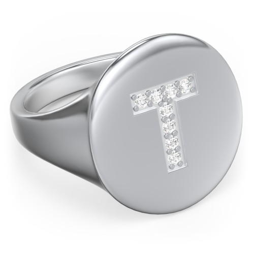 Pavé Initial Signet Ring - T – Sterling Silver with White Premium Zirconia
