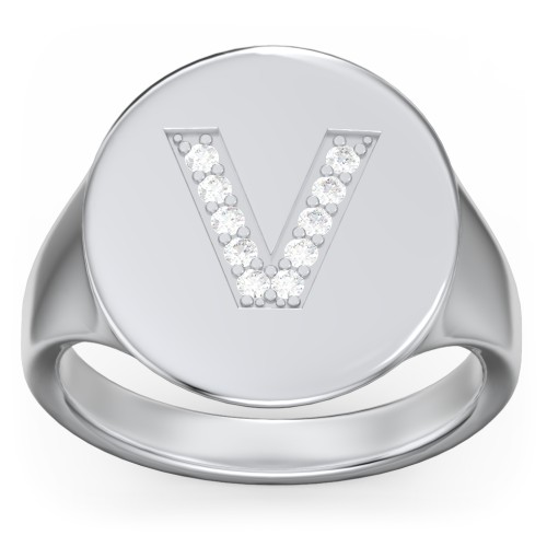 Pavé Initial Signet Ring - V – Sterling Silver with White Premium Zirconia