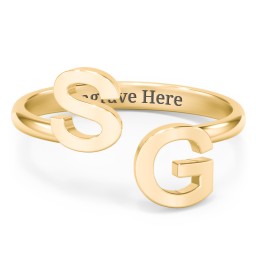 Double Initial Open Cuff Ring in 9K Solid Yellow Gold