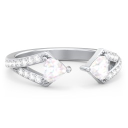 Double Heart Birthstone Open Cuff Ring with Accents