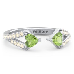Double Heart Birthstone Open Cuff Ring with Accents