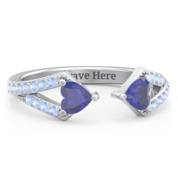 Double Heart Birthstone Open Cuff Ring with Accents