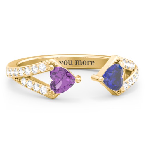 Double Heart Birthstone Open Cuff Ring with Accents – 18K Gold Plated Silver with Amethyst, Blue Sapphire, and White Premium Zirconia