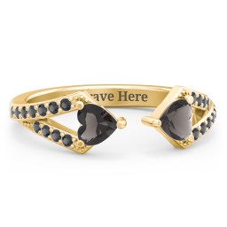 Double Heart Birthstone Open Cuff Ring with Accents in 18K Gold Plated Silver with Smokey Quartz and Black Premium Zirconia