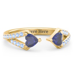 Double Heart Birthstone Open Cuff Ring with Accents in 18K Gold Plated Silver with Blue Sapphire and Fancy Blue Premium Zirconia
