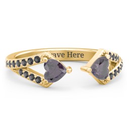 Double Heart Birthstone Open Cuff Ring with Accents in 18K Gold Plated Silver with Alexandrite and Black Premium Zirconia