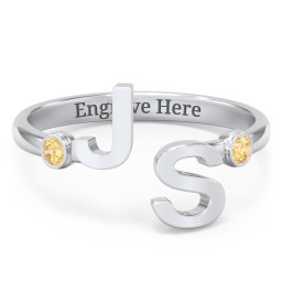 Double Initial Open Cuff Ring with Birthstones
