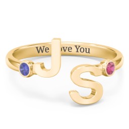 Double Initial Open Cuff Ring with Birthstones in 18K Gold Plated Silver with Blue Sapphire and Ruby
