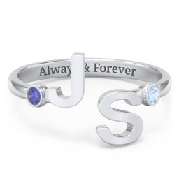 Double Initial Open Cuff Ring with Birthstones
