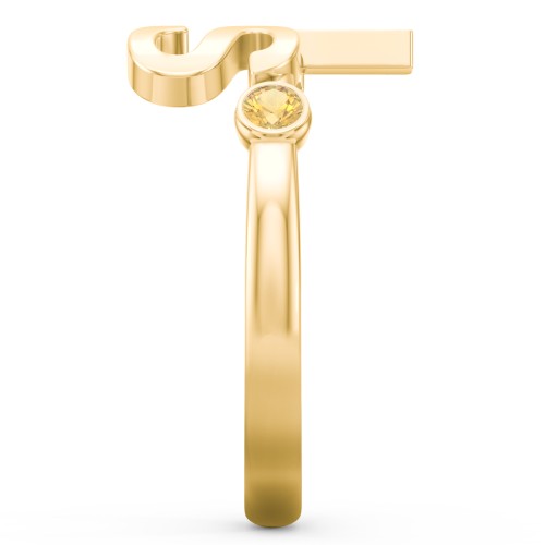 Double Initial Open Cuff Ring with Birthstones – 18K Gold Plated Silver with Citrine