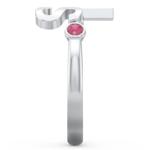 Double Initial Open Cuff Ring with Birthstones – Sterling Silver with Blue Sapphire and Ruby