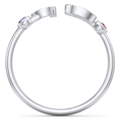 Double Initial Open Cuff Ring with Birthstones – Sterling Silver with Blue Sapphire and Ruby