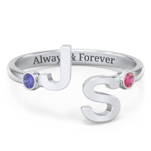 Double Initial Open Cuff Ring with Birthstones – Sterling Silver with Blue Sapphire and Ruby