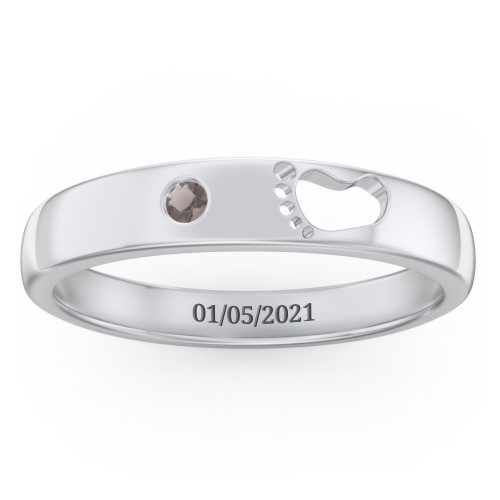 Baby Footprint Cutout Band with Birthstone – Sterling Silver with Smokey Quartz