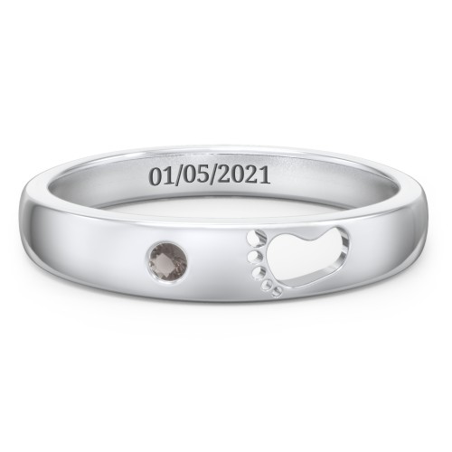 Baby Footprint Cutout Band with Birthstone – Sterling Silver with Smokey Quartz