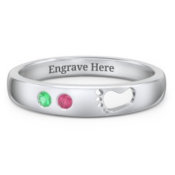 Baby Footprint Cutout Band with 2 Birthstones in 925 Sterling Silver with Emerald and Ruby