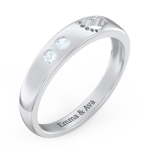 Baby Footprint Cutout Band with 2 Birthstones – Sterling Silver with Aquamarine