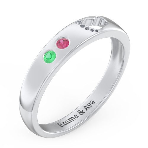 Baby Footprint Cutout Band with 2 Birthstones – Sterling Silver with Emerald and Ruby