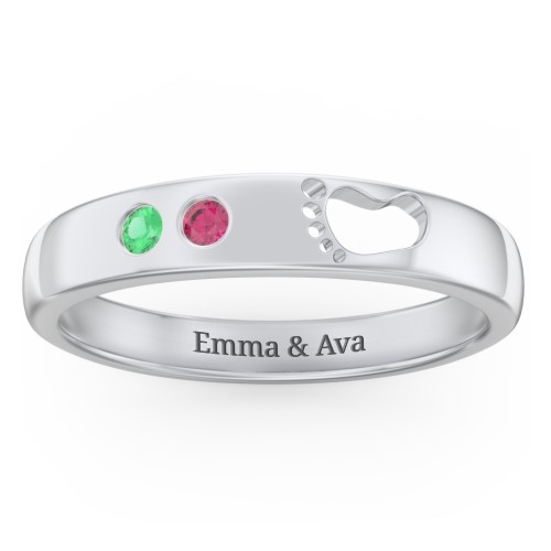 Baby Footprint Cutout Band with 2 Birthstones – Sterling Silver with Emerald and Ruby