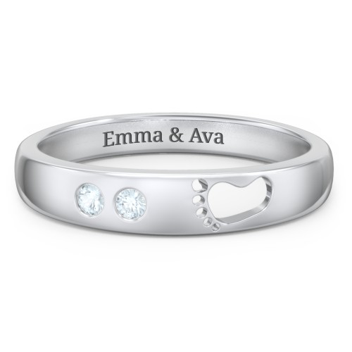 Baby Footprint Cutout Band with 2 Birthstones – Sterling Silver with Aquamarine