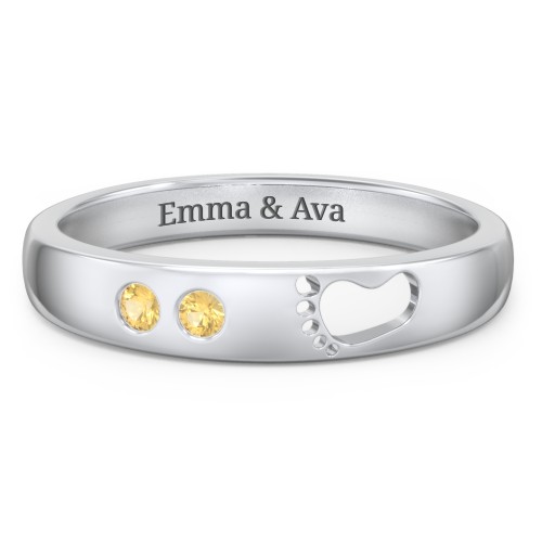 Baby Footprint Cutout Band with 2 Birthstones – Sterling Silver with Citrine