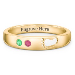 Baby Footprint Cutout Band with 2 Birthstones in 9K Solid Yellow Gold with Emerald and Ruby