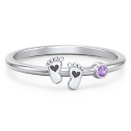 Dainty Baby Feet Ring with Birthstone in 925 Sterling Silver with Amethyst