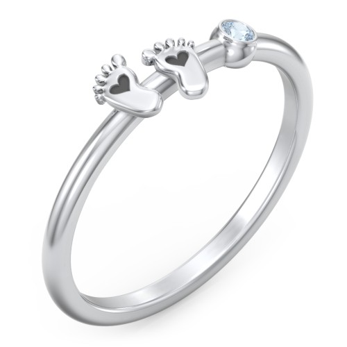 Dainty Baby Feet Ring with Birthstone – Sterling Silver with Blue Topaz
