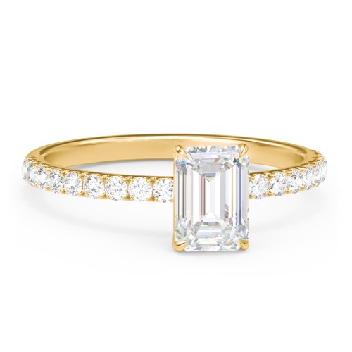 1 ct. (7x5mm) Emerald Moissanite Engagement Ring With 1.5mm Side Stones – 9kt Yellow Gold with Moissanite and Lab Diamond